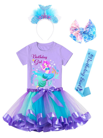 Doctor Unicorn Birthday Girls Mermaid Outfit Set Costume Tutu Skirt Dress, Mermaid Birthday Shirt, Headband & Satin Sash (Purple-1, 8-9 Years)