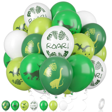 Dinosaur Balloons, 12 Inch Dino Printed Balloons Green White Lime Green Latex Balloons For Birthday Party Jungle Dinosaur Themed