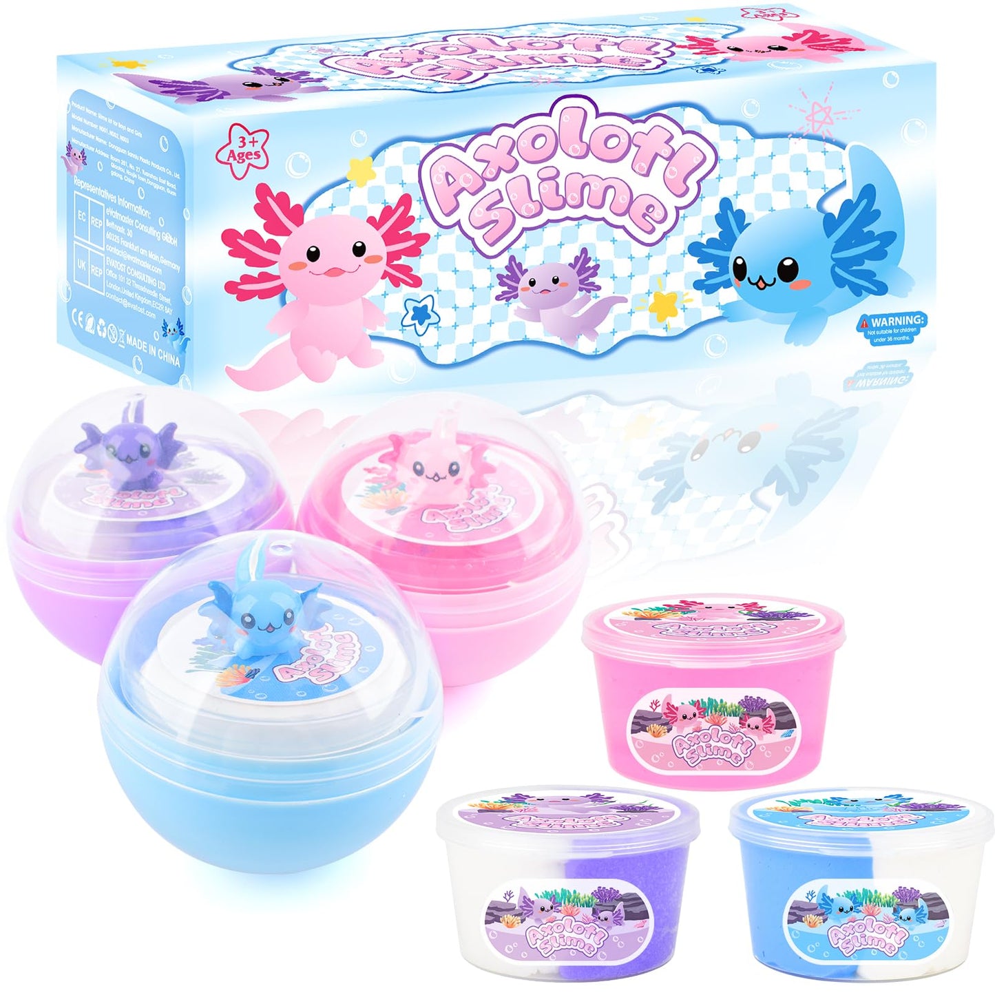 3 Pack Axolotl Slime Kit, Blue Butter, Purple Cloud, Pink Crunchy Slime with Axolotl Charms, Soft, Stretchy, Slime Party Favor f
