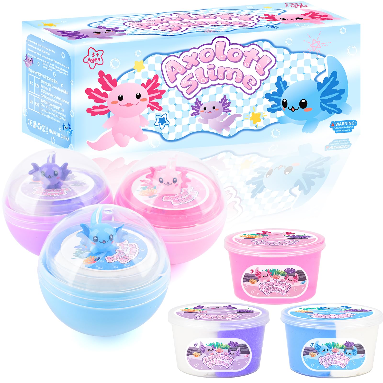 3 Pack Axolotl Slime Kit, Blue Butter, Purple Cloud, Pink Crunchy Slime with Axolotl Charms, Soft, Stretchy, Slime Party Favor f