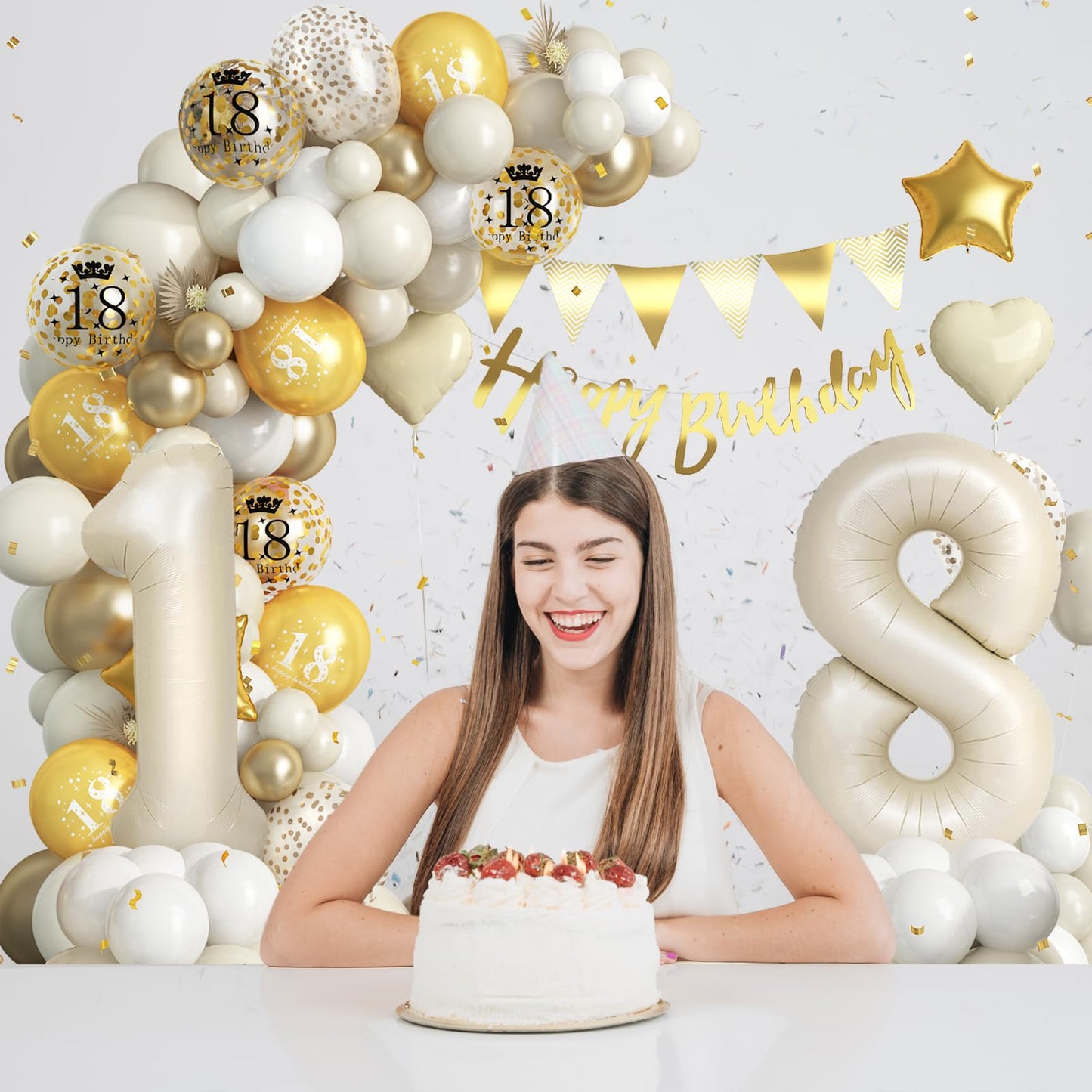 18Th Birthday Decorations For Sand White Gold,18Th Birthday Balloon Arch Garland Kit With Happy 18Th Birthday Number 18 Foil Bal
