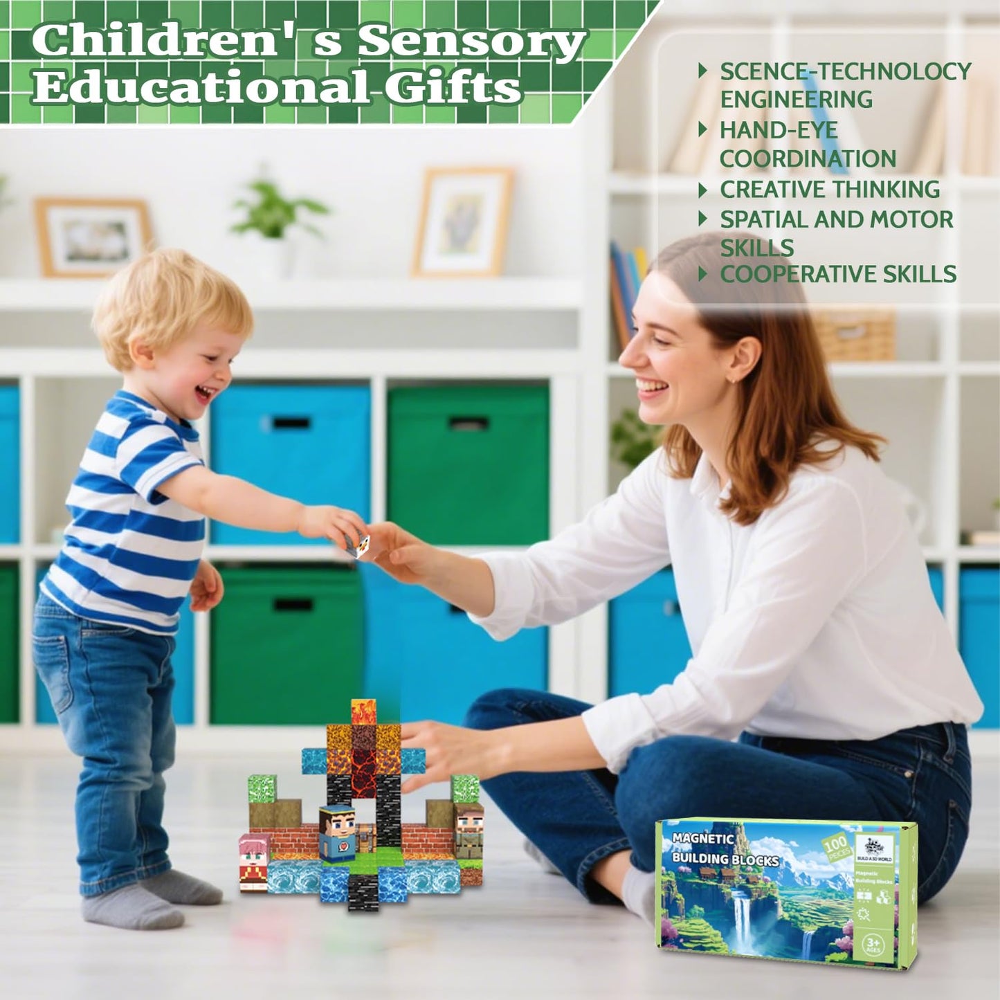 SSAWER Magnetic Blocks Toys for Kids, 100 PCS Building Blocks Cubes, Stacking Magnetic Tiles Toys for Kids Toddlers Boys Girls A