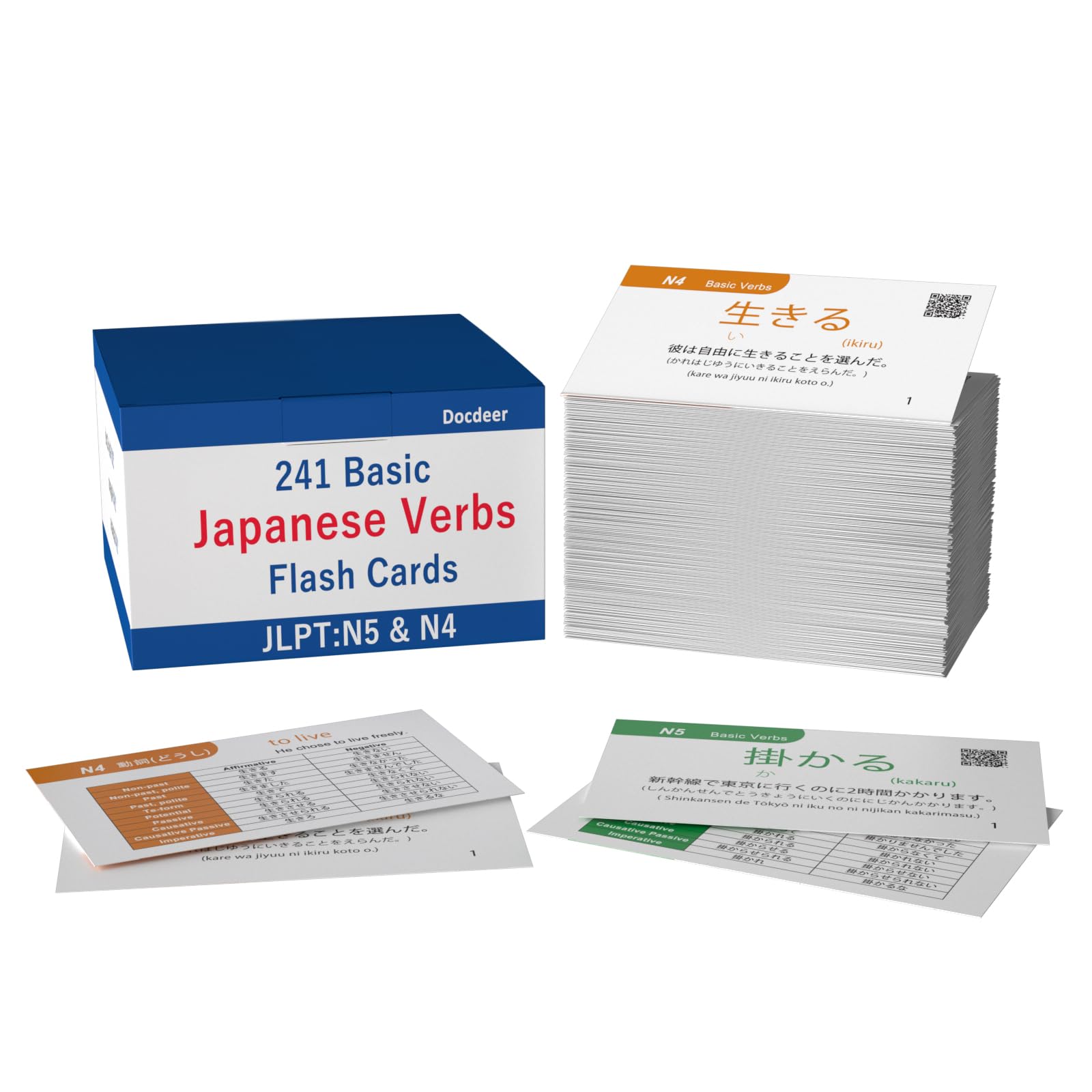 241 Japanese Verbs Flash Cards (JLPT N5 & N4) with 10 Common Japanese Tenses -Like New