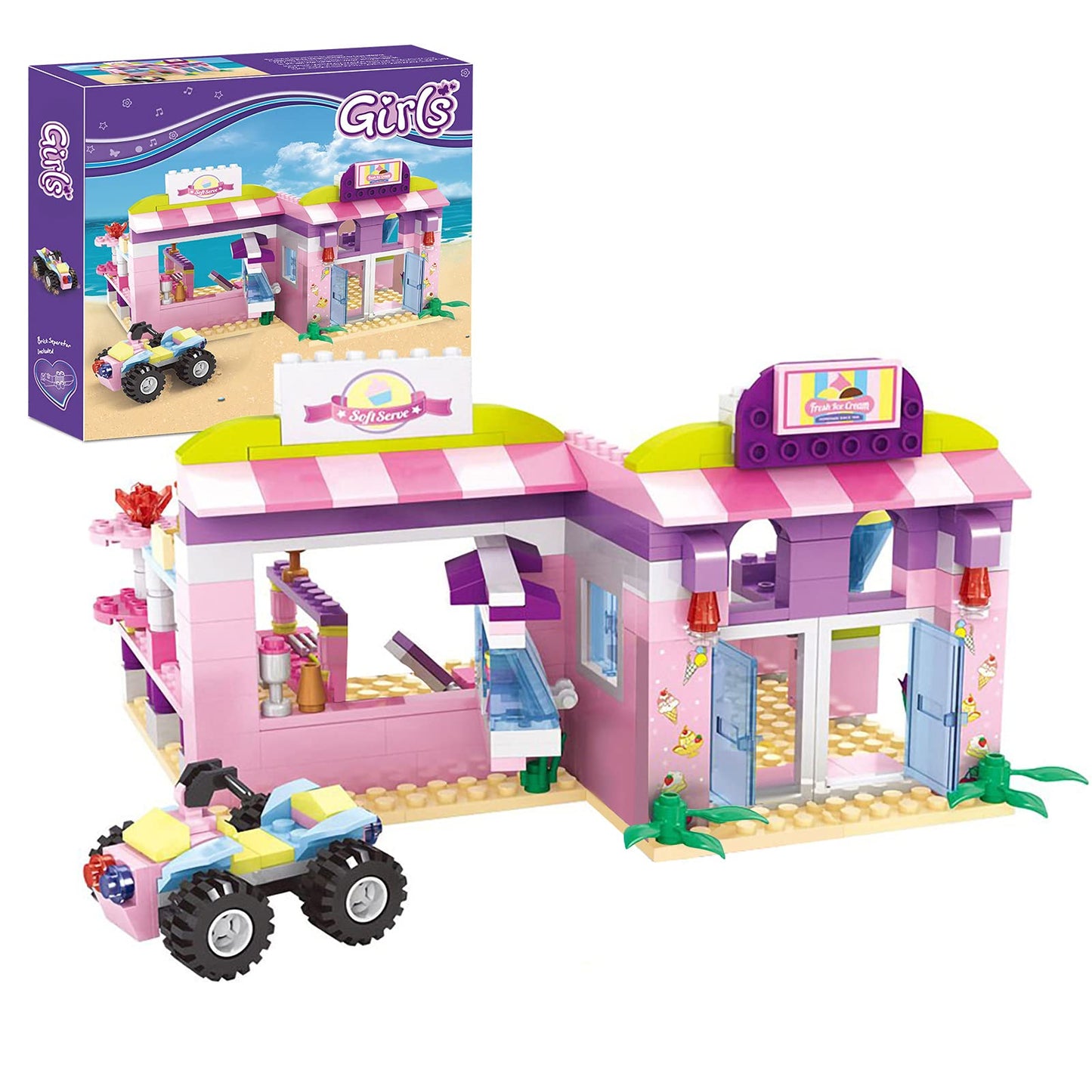 BRICK STORY Girls Friends Ice Cream Shop Building Set Pink Beach Ice Cream Dessert Store Building Blocks Toys with Beach Buggy Friends Beach Vacation Playset for Kids 6-12  317 Pieces