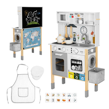 OOOK Kids Kitchen Playset with Garbage Classification, Wooden Pretend Play Kitchen with Sound and Light, Kitchen Set for Kids Eq