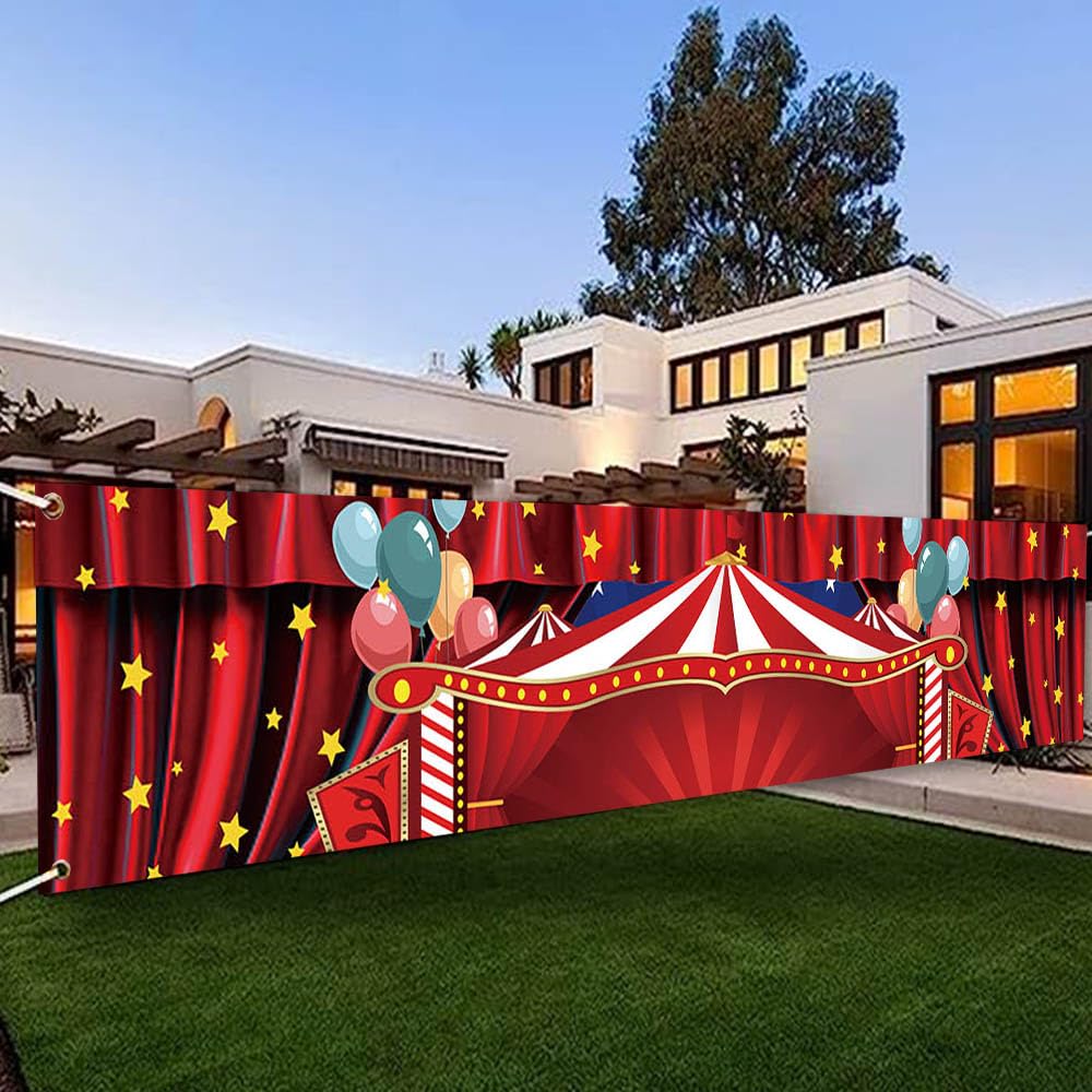 Dotooma 118 X 20 Inches Red Circus Carnival Yard Banner Sign Red Tent Star Balloon Banner Children Circus Theme Birthday Party C