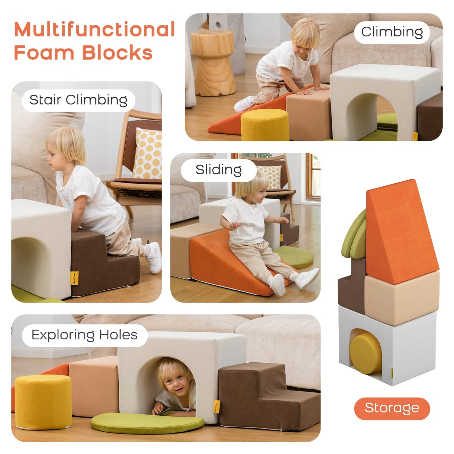 Banasuper Kids Climbing Foam Blocks Playset - 7 Piece Toddler Climbing Toys, Indoor Gross Motor Development Montessori Gross Mot