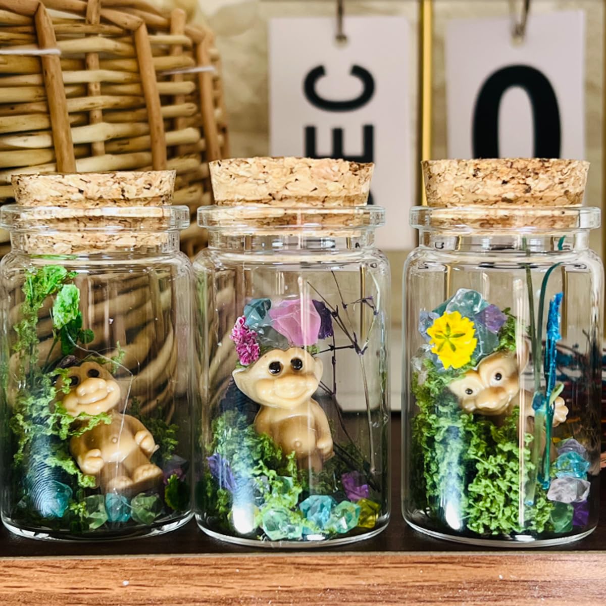 3Pcs Mini Troll Dolls Terrariums Handmade Diy Hand-Crafte Retro Vintage Troll Doll Encased In 3 Glass Bottles