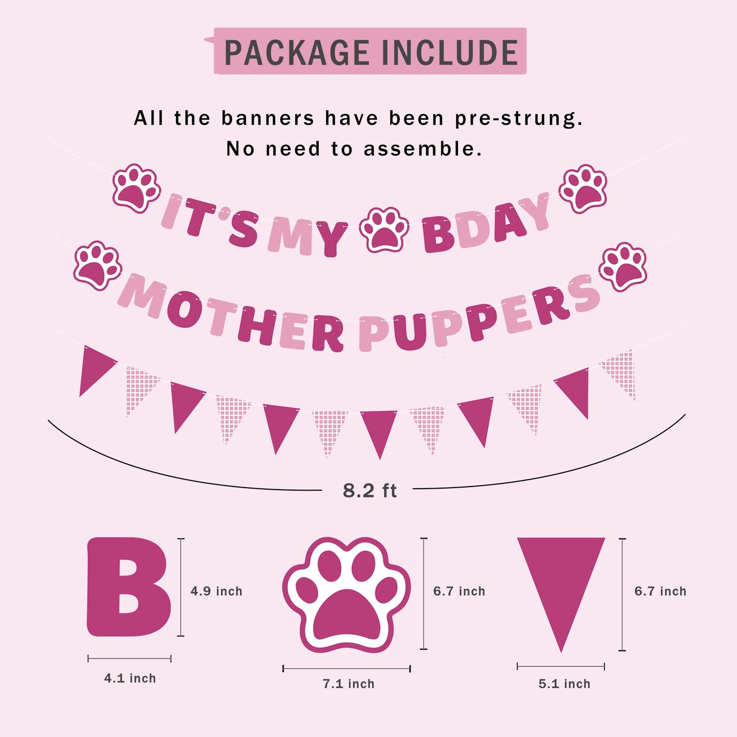 Vicycaty Puppy Dog Birthday Banner, Mother Puppers, It'S My Bday, Pink Pennants, 98.43X16.69 Inches Cardboard