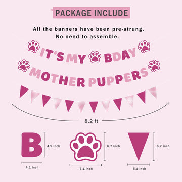 Vicycaty Puppy Dog Birthday Banner, Mother Puppers, It'S My Bday, Pink Pennants, 98.43X16.69 Inches Cardboard