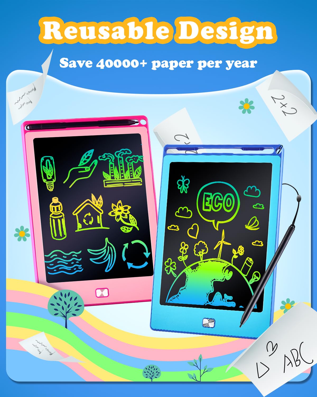 POPERFUN 2Pack LCD Writing Tablet for Kids, 8.5 Inch Doodle Board Drawing Pads Colorflu Reusable Toddler Girl Toys for Ages 3 4