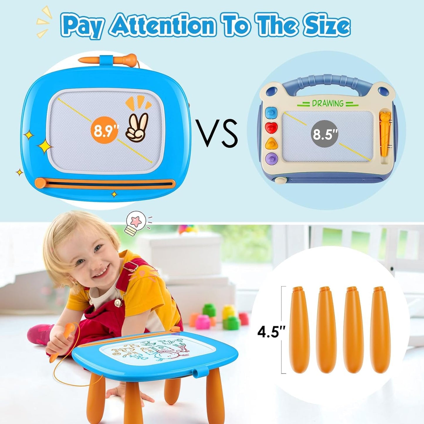 Smasiagon Magnetic Drawing Board for Toddlers, Blue, 10"W x 9.8"H, ABS, Early Learning Doodle Pad, Gifts for 1-3 Year Olds