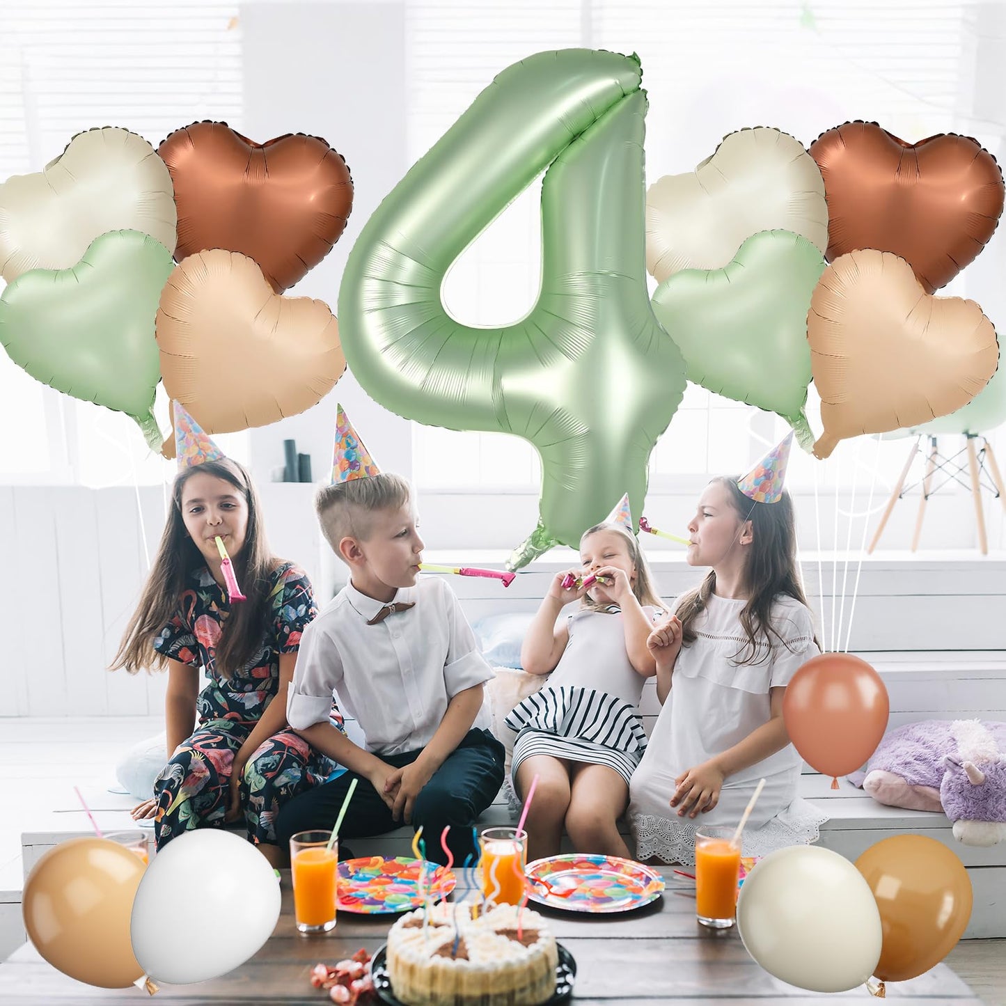Biapian 40 Inch Sage Green Number 4 Balloons, Large 4Th Birthday Balloons With 18'' Foil Cream Brown Heart Balloon For 4Th Year