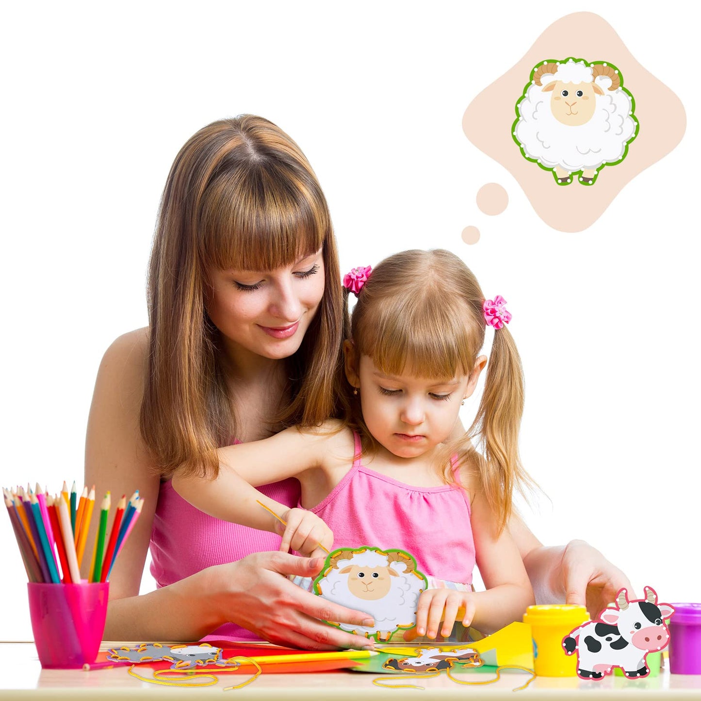 Pajean 10 Pieces Kids Farm Animal Lacing Cards Cardboard Sewing Cards Sturdy Double Sided Lacing Playing Games for Children Developing Imagination Education Supplies