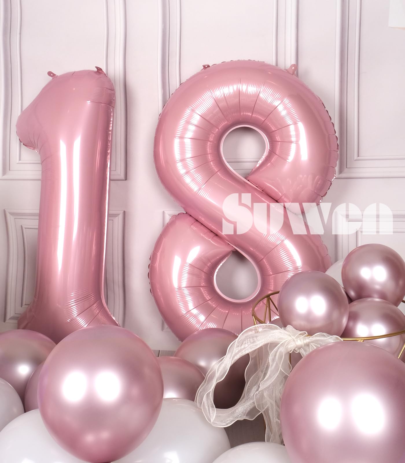Suwen 40 Inch Pink Large 18 Number Balloons Big Foil Helium Number Balloons 0-9 Jumbo Happy 18Th Mylar Birthday Party Decoration