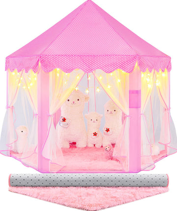 CUBNBUD Princess Tent with Lights and Rug, Princess Tent for Girls Age 4-7, Kids Play Tent for Girls Indoor, Princess Castle Pla
