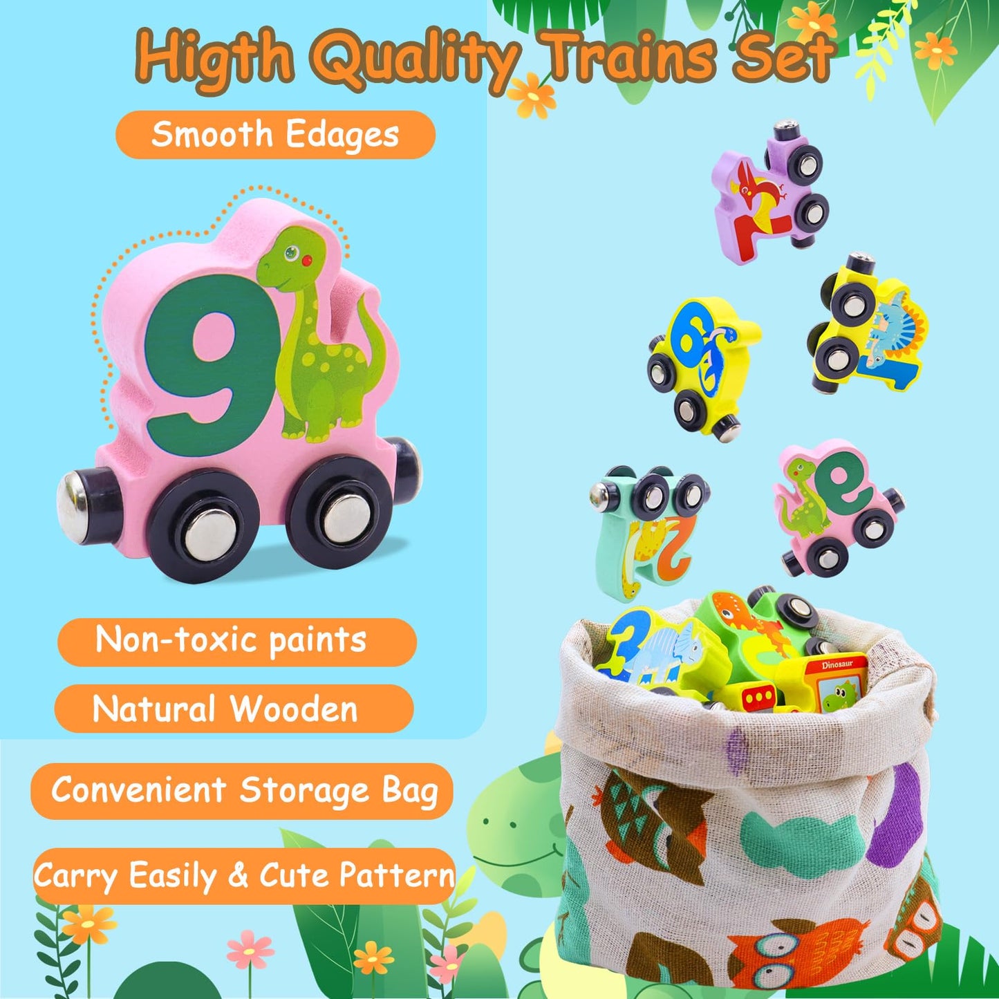 Humerry Dinosaur Toys For Kids 2-4, Wooden Magnetic Train Set, 11 Pcs Number Trains Learning Activities For Kids, Birthday Gifts Infant Development Toys For Boys Girls