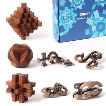 Cudny 7 Pieces Unlock Interlock Brain Teaser Games Retro Wooden And Metal Puzzles Iq Logic Fun Puzzle Box