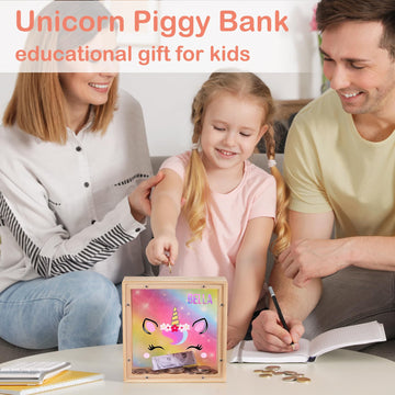 Piggy Bank Girls, Wooden Piggy Bank For Kids Unicorn Money Bank Coin Bank With Diy Letter Stickers,Rainbow