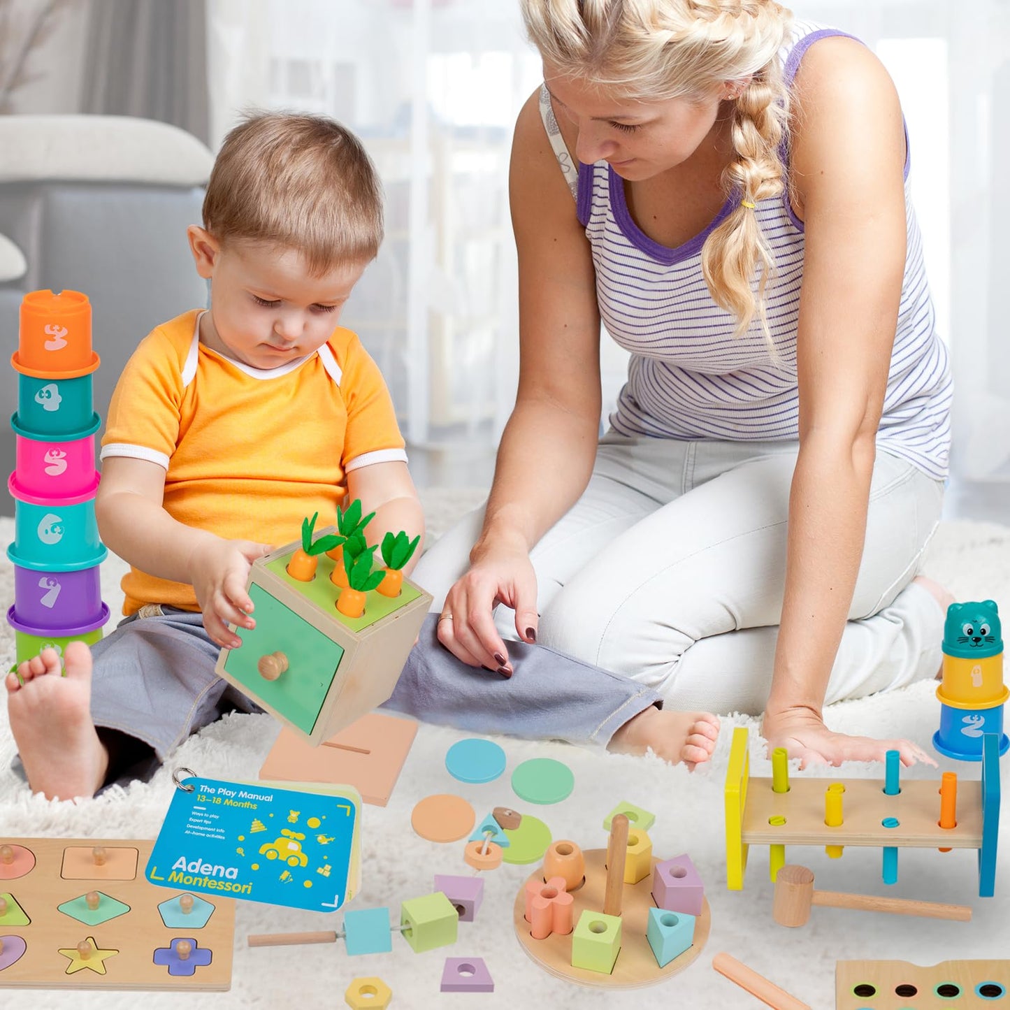 Adena Montessori Play Kit For 13-18 Month Baby,8 In 1 Toy,Colorful Stacking&Nesting Cup,Coin Bank,Coins,Carrots Lid,Carrots,Post