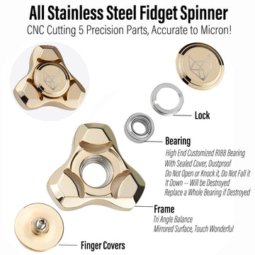 Freelove Metal Fidget Spinner, Stainless Steel Heavy, Long Spinning Toys, Cool Silent, Small Mini Fox Figette Spiner For Adults Men Anxiety, Quiet Bearing, Gold