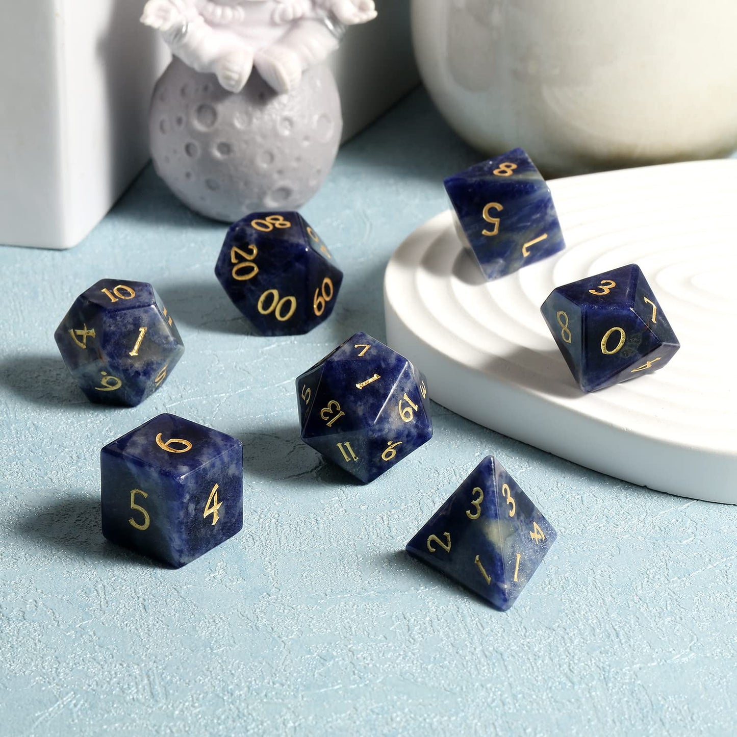 Blue-vein Stone D&D Dice Set DNDND 7 PCS Natural Gemstone DND Dice with Grogeous Gift Case for Dungeons and Dragon Tabletop Game