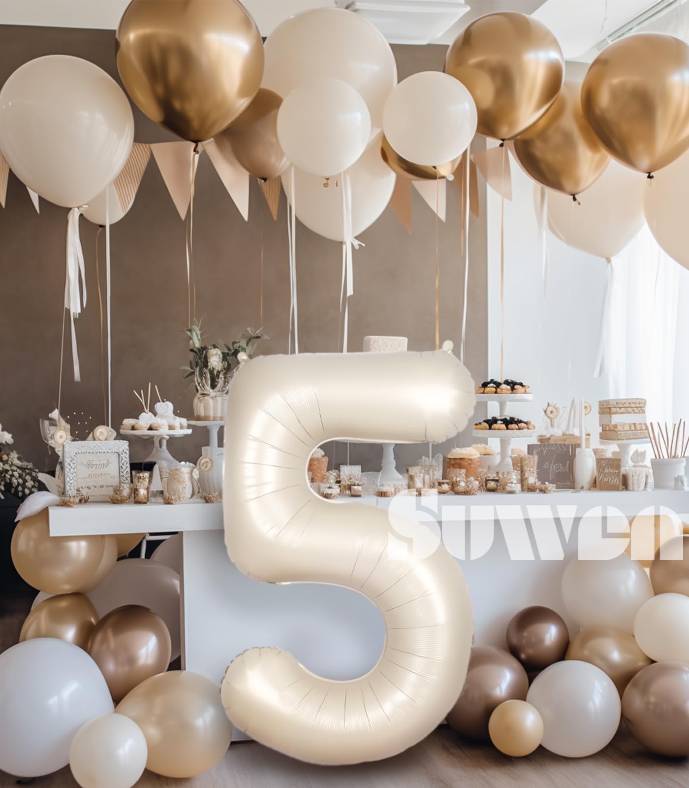 Suwen 40 Inch Cream White Large 5 Number Balloons Big Foil Helium Number Balloons 0-9 Jumbo Happy 5Th Mylar Birthday Party Decor