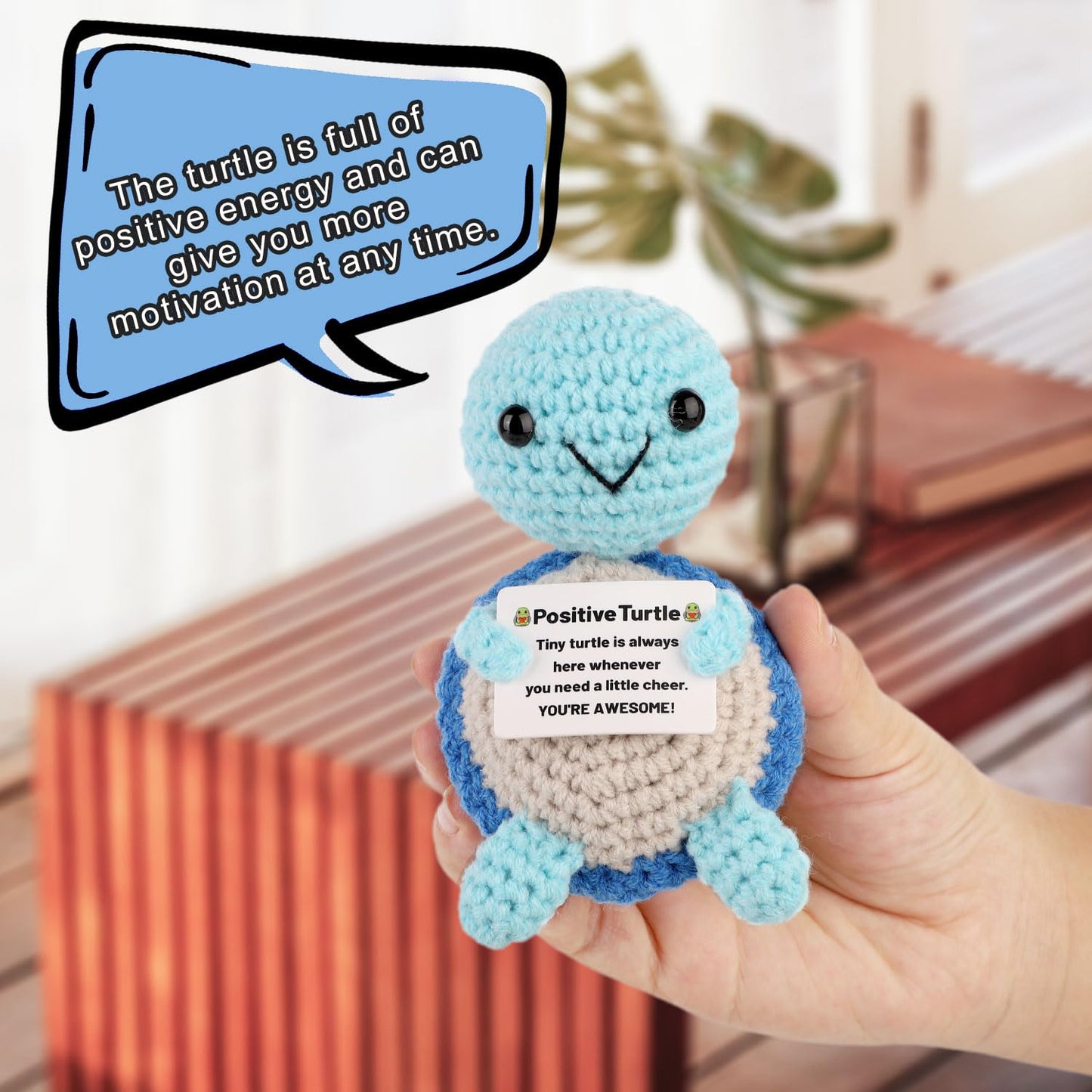 Positive Turtle Crochet  Mini Crochet Turtle Funny Emotional Support Animal Small Crochet Plush Toy with Positive Messages Cheer up Knitted Doll for Women Inspirational Gift Party Decoration(Blue)