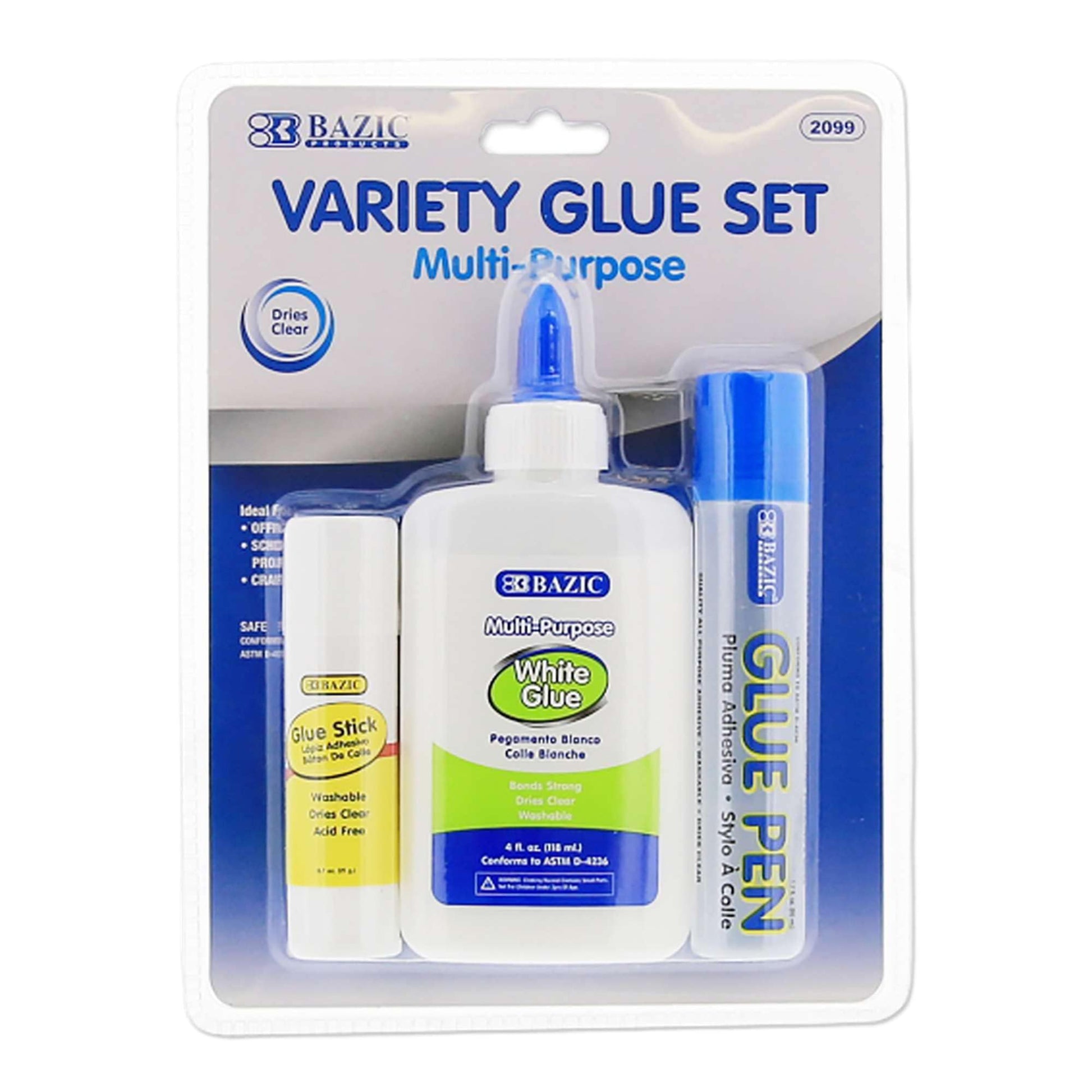 BAZIC White Glue 4oz., Clear Glue 1.7oz., Glue Stick 0.7oz., Washable Liquid Glue Pen, MultiPurpose, for School Home Office (3/