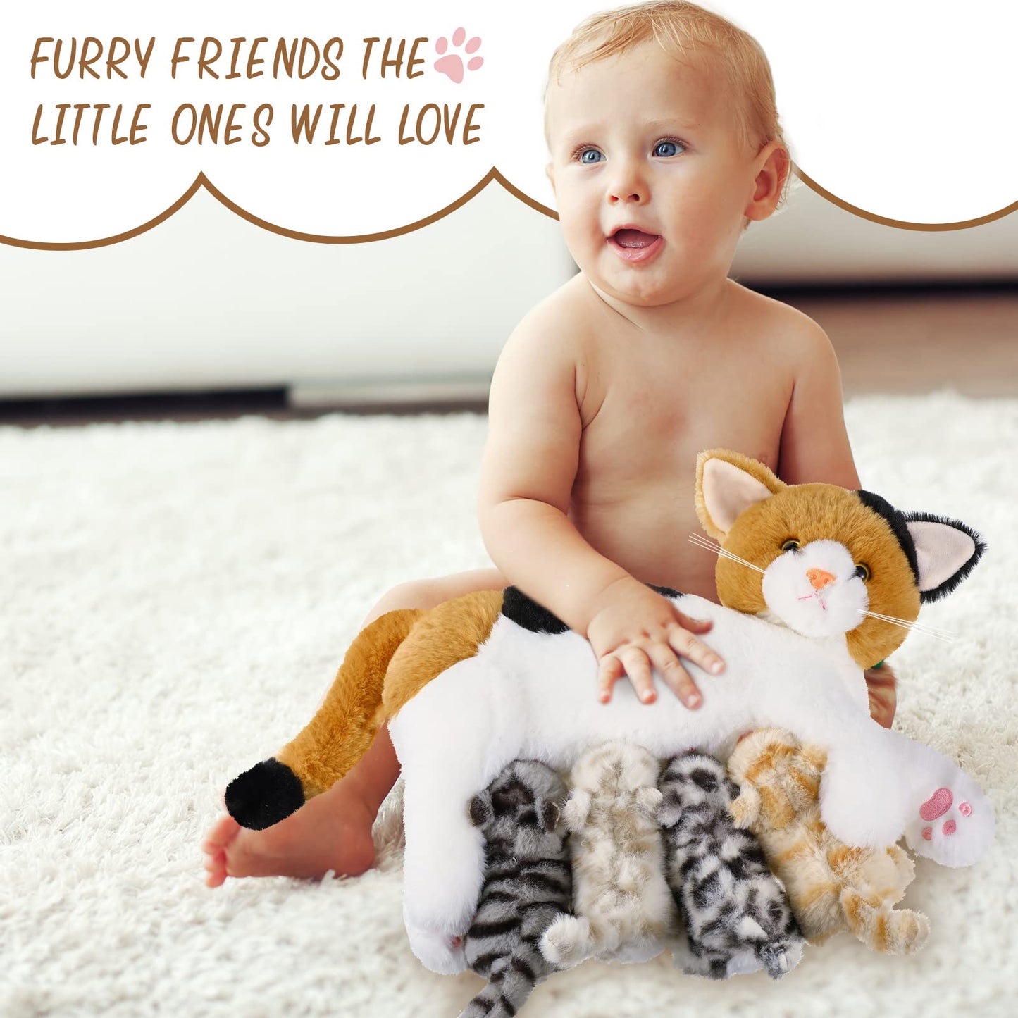 Skylety Nurturing Cat Stuffed Animal With 4 Plush Kittens, Cat Baby Stuffed For Girls And Boys Plushy Mommy Kitty With Baby Kittens For Birthday Party Favors Gifts(Lovely Style)