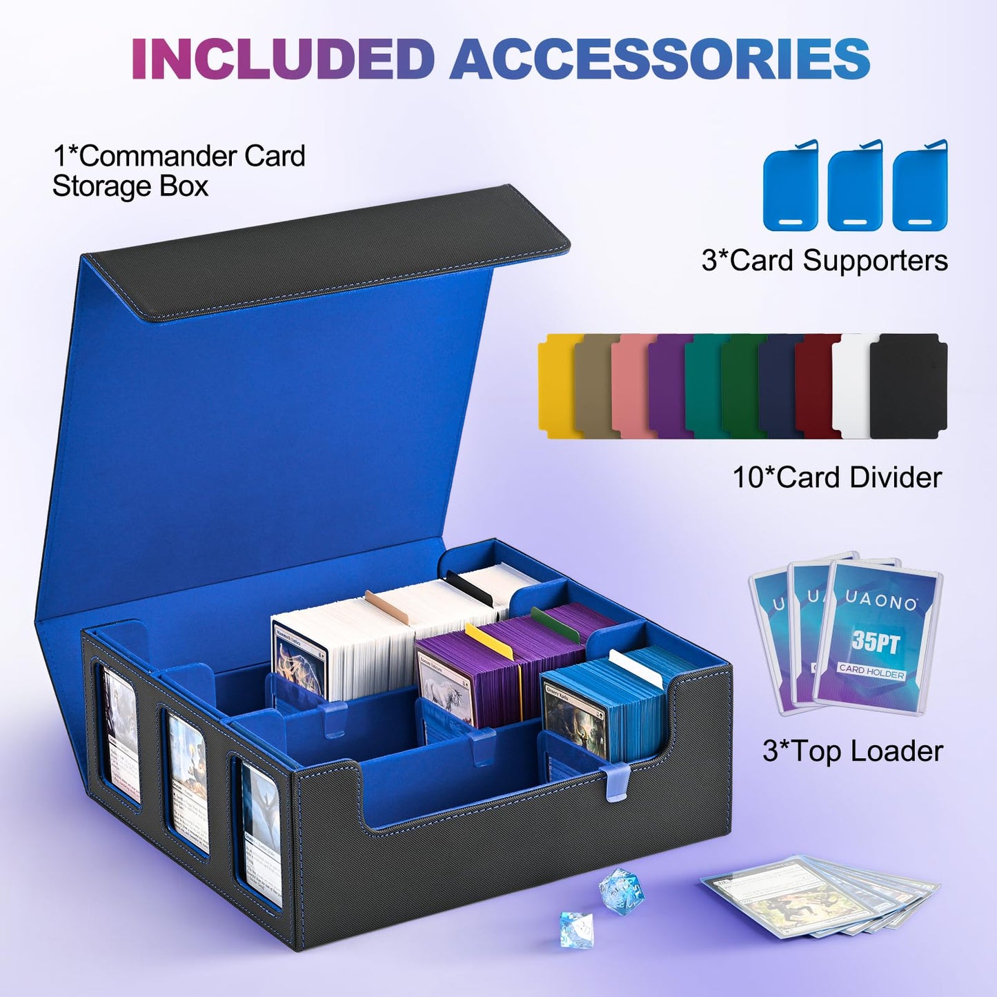 Uaono Card Storage Box For Trading Cards, 1800+ Commander Deck Box For Mtg With Display Window, Toploader Card Case Fits Tcg Ptcg Sports Cards; 10 Removable Divider Tabs, 3 Stoppers (Black, Blue)
