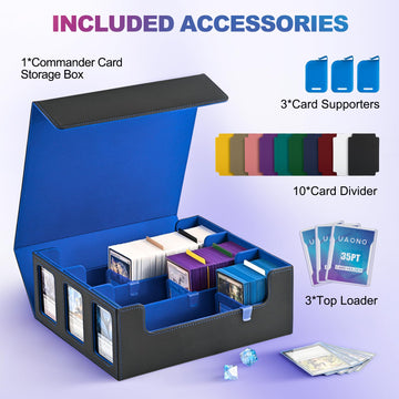 Uaono Card Storage Box For Trading Cards, 1800+ Commander Deck Box For Mtg With Display Window, Toploader Card Case Fits Tcg Ptcg Sports Cards; 10 Removable Divider Tabs, 3 Stoppers (Black, Blue)