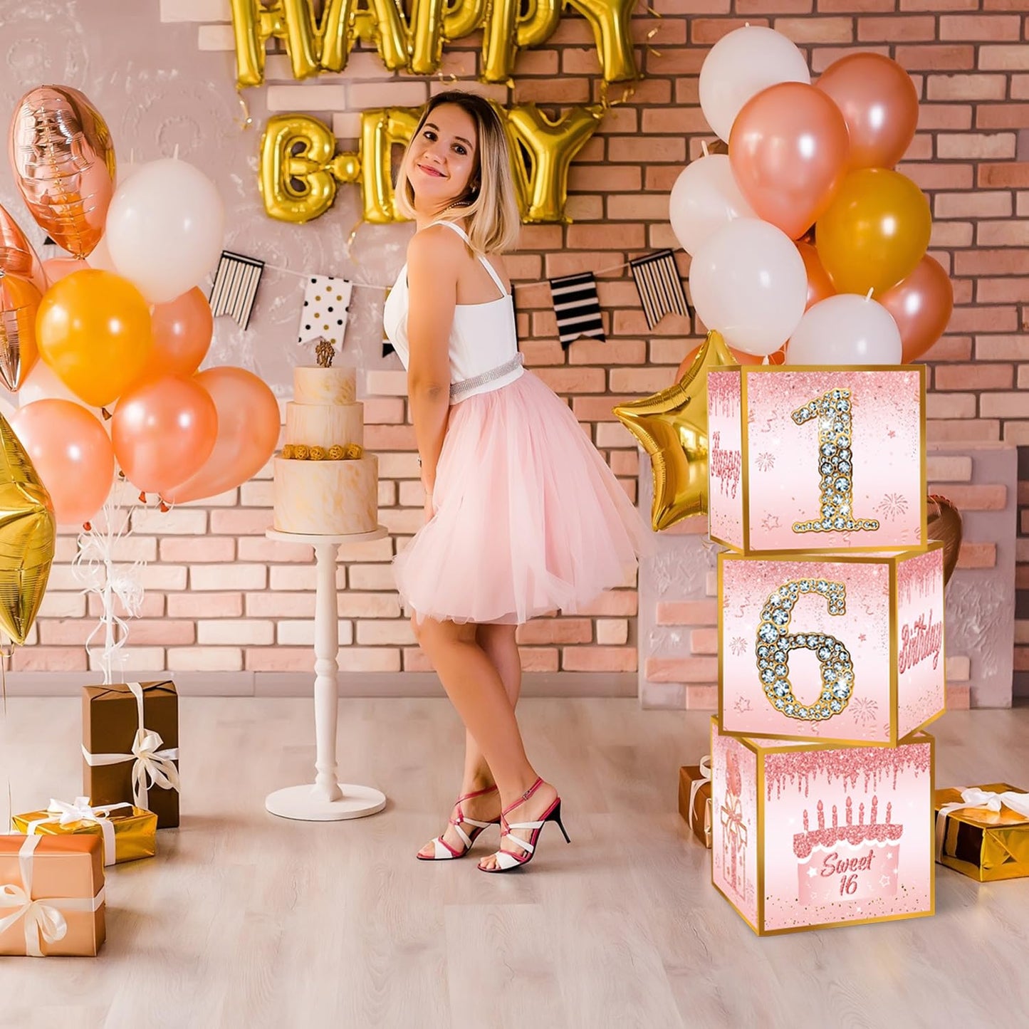 Toniful 4 Pcs Sweet 16Th Birthday Decorations Boxes For Girl, Sixteen Years Old Birthday Cardboard Box,Pink And Rose Gold 16Th B