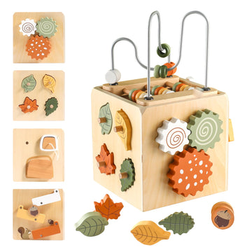 Smartwo Wooden Activity Busy Cube Montessori Toys For 1 Year Old, 6-In-1 Activity Center Baby Bead Maze Toys, Sensory Shape Sort
