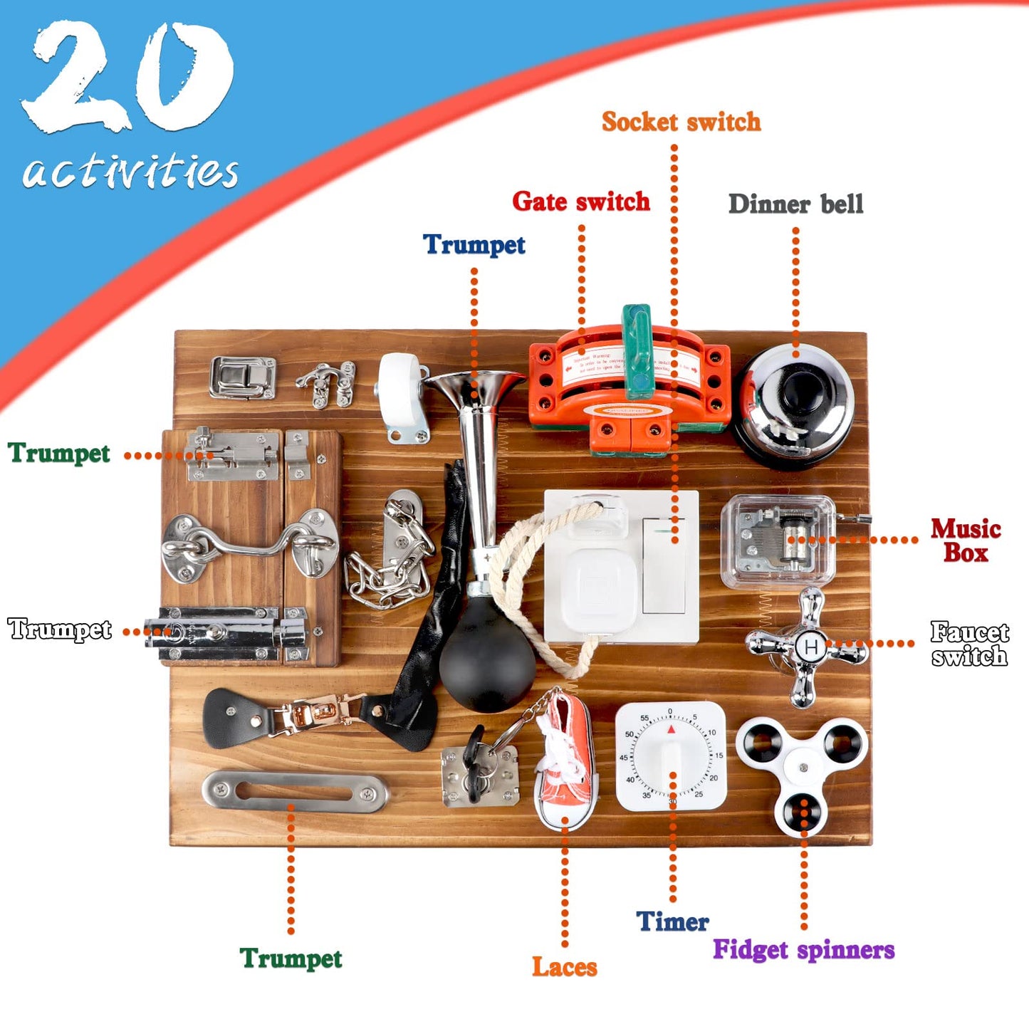 Canuan 20-In-1 Busy Board For Toddlers Travel Toy Activity Board For Fine Motor Skills Busy Board Toys For 3 Years Old Kids With Switch, Locks, Shoe Laces, Music Box