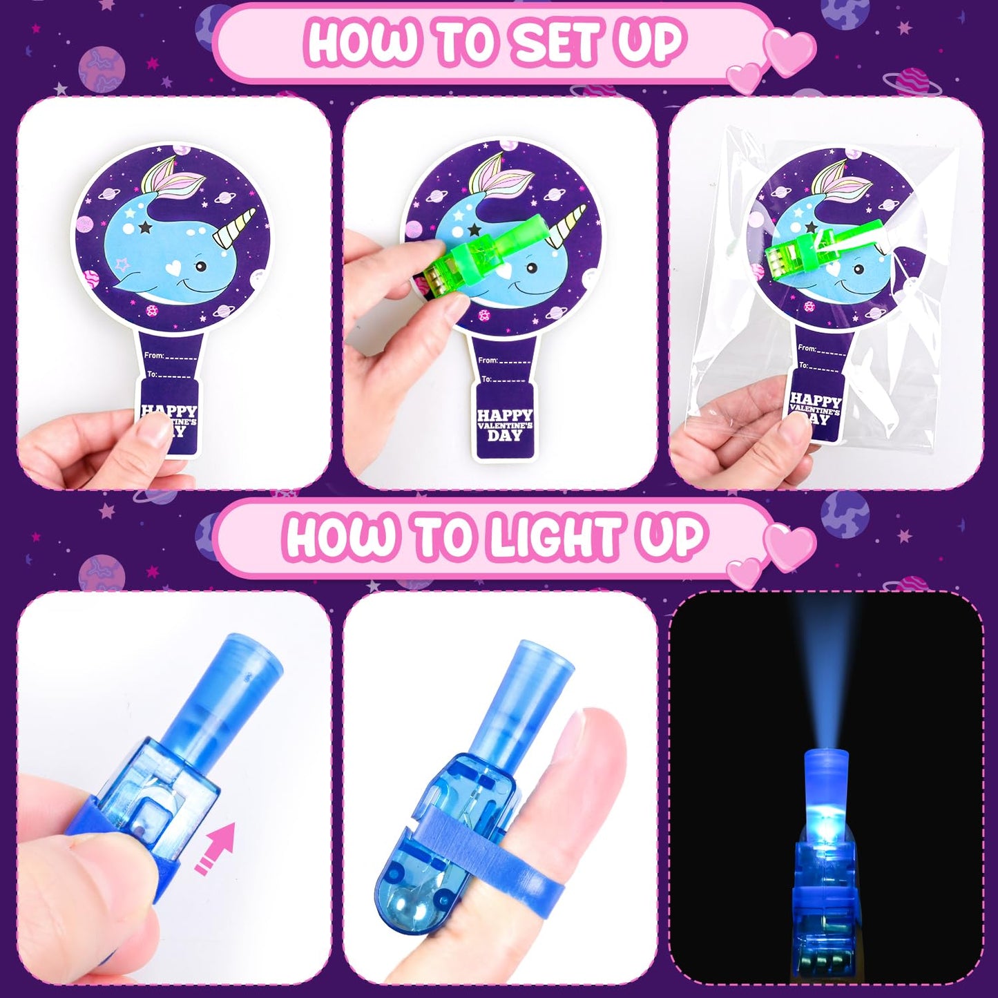 MOVINPE Valentines Day Exchange Gifts for Kids Classroom, 28 Packs Finger Lights with Valentines Cards - Light Up Finger Flashli