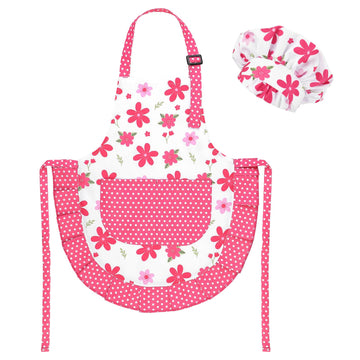 Kids Apron And Chef Hat Set, Cute Pink Flower Apron Adjustable Kids Aprons With 2 Pockets, Kids Cooking Aprons Artist Aprons Kit