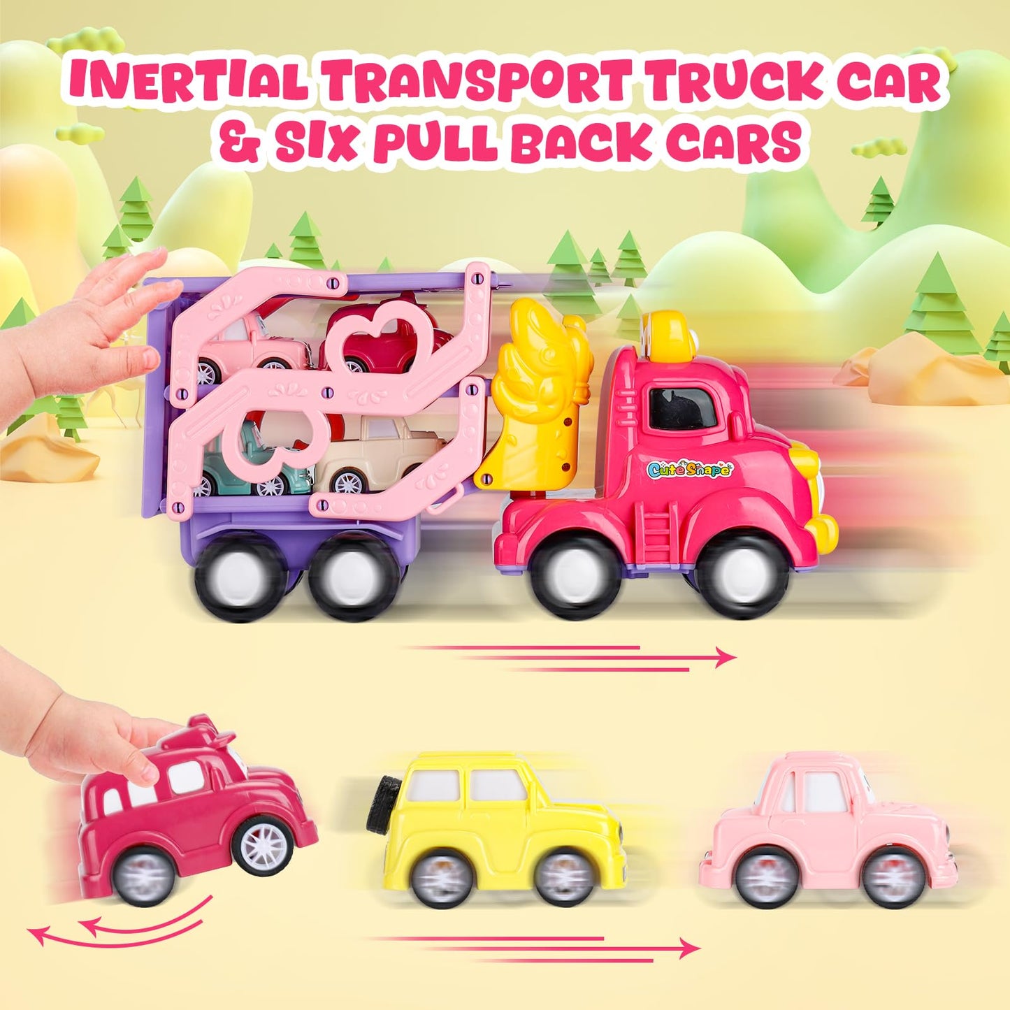 Lovinkiki Toddler Car Toys for 1, 2, 3+ Year Old Girls, 7-in-1 Carrier Truck for Age 1 2 3 with Light & Music 3-Layer Transport