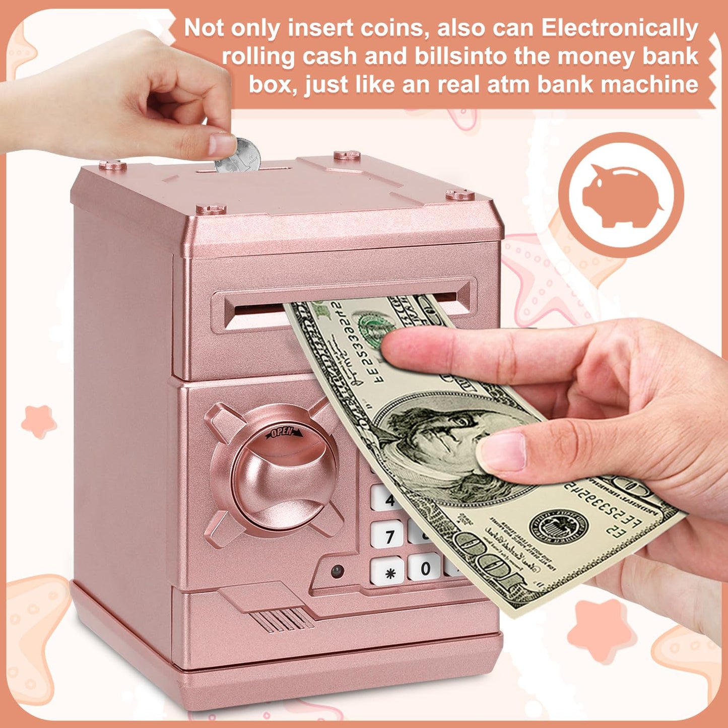 Renvdsa Cartoon Electronic Atm Password Piggy Bank Cash Coin Can Auto Scroll Paper Money Saving Box Gift For Kids (Rose Gold)