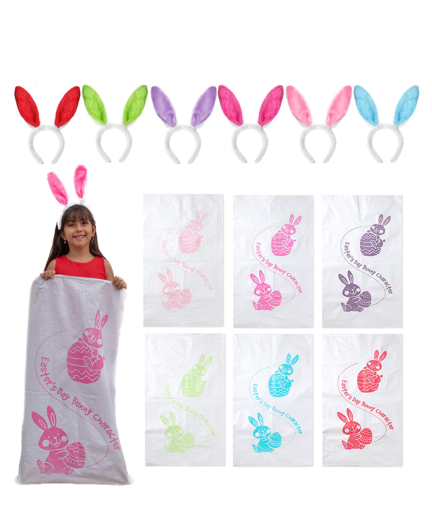 Mr. Pen- Potato Sack Race Bags for Kids Adults, 38.2 x 23.5, 6 Pack with 6 Bunny Ears Headbands, Sacks for Sack Race, Easter Sac