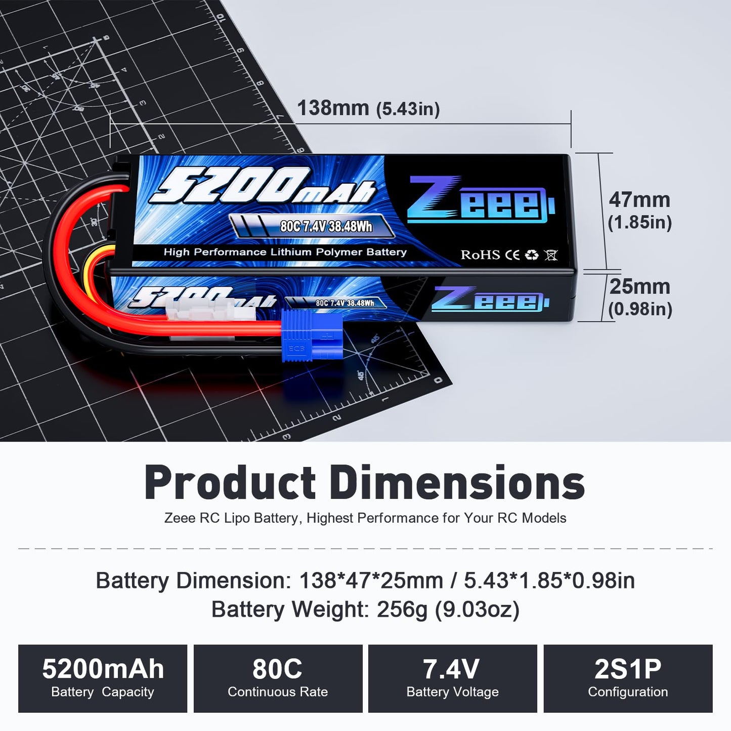 Zeee 7.4V 2S Lipo Battery 5200mAh 80C Hard Case Battery with EC3 Plug for 1/8 1/10 RC Vehicles Car RC Buggy Truggy RC Airplane D