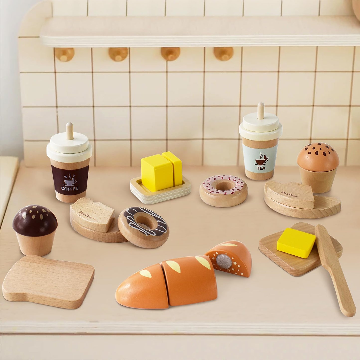 Pairpear Wooden Bakery Toy Food Playset,Kids Pretend Play Food Kitchen Accessories With Shopping Bag,Toddlers Cutting Food Gift