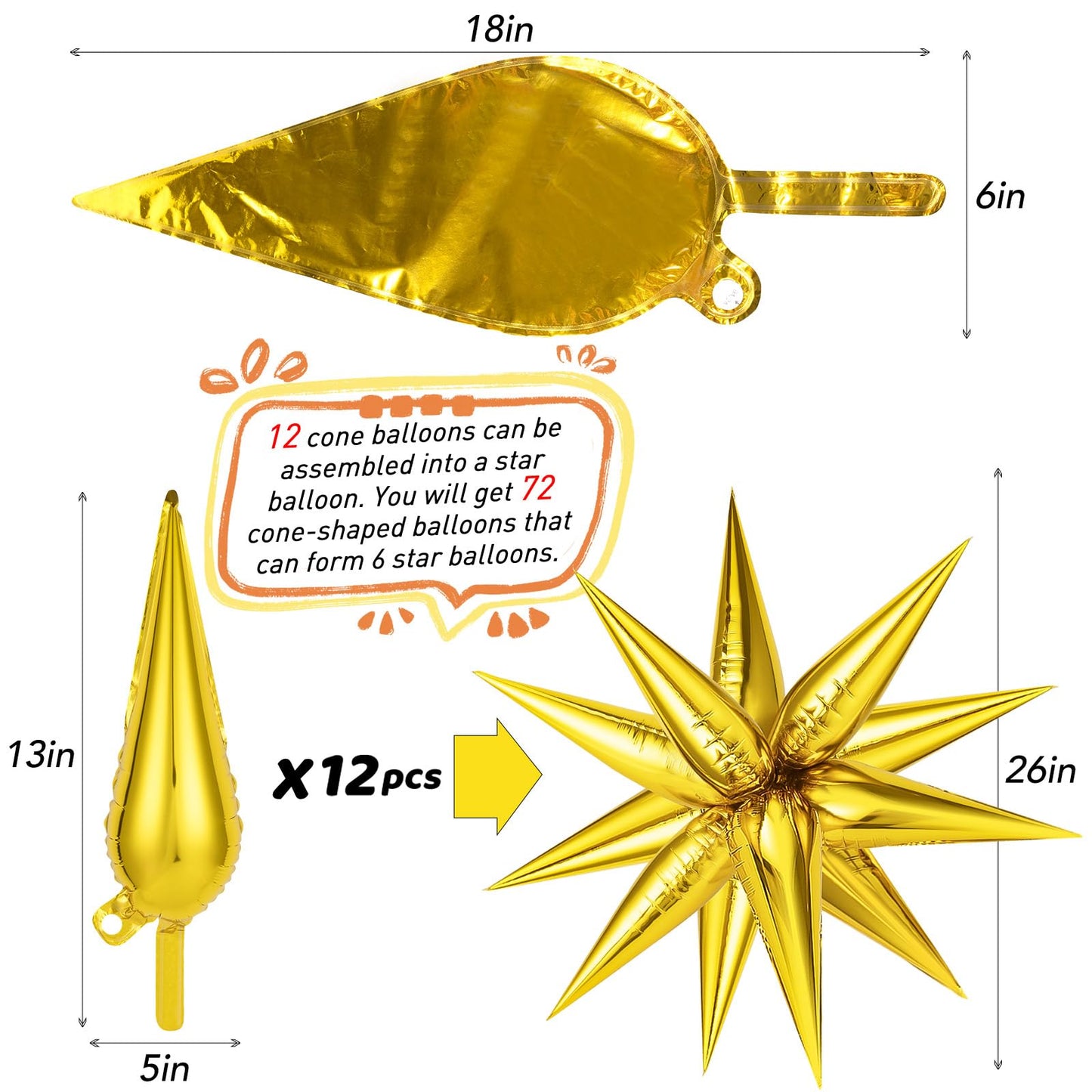 72Pcs Gold, Silver, Black Star Balloons, Big 26 Inch Star Cone Balloons, Metallic Starburst Cone Mylar Balloons, Spike Balloons