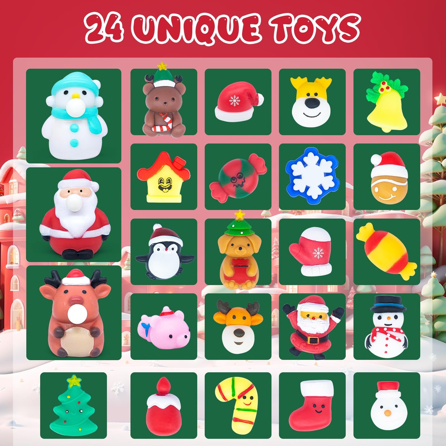 yocjoky Advent Calendar 2025 - 3 Jumbo & 21 Mochi Squishy Toys, 24 Days Countdown for Kids, Colorful Cartoon Design
