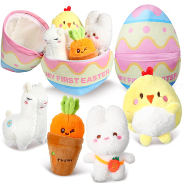 Capoda 5 Pcs My First Easter Basket Stuffed Plush Playset Baby First Easter Basket Stuffers Bunny Chick Carrot Alpaca Plush Play