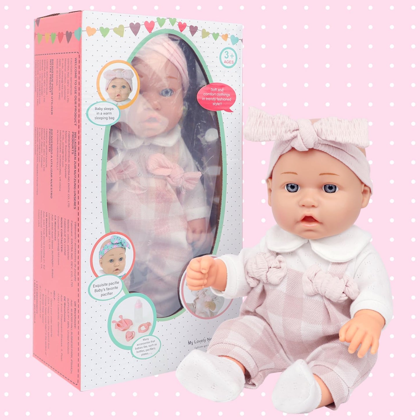 Ecore Fun 12 Inch Baby Doll and Clothes Accessories Playset - 6 Pcs 12 Doll with Pink Romper Outfit  Headband  Socks  Pacifier  Bottle | Gift Ready in Box