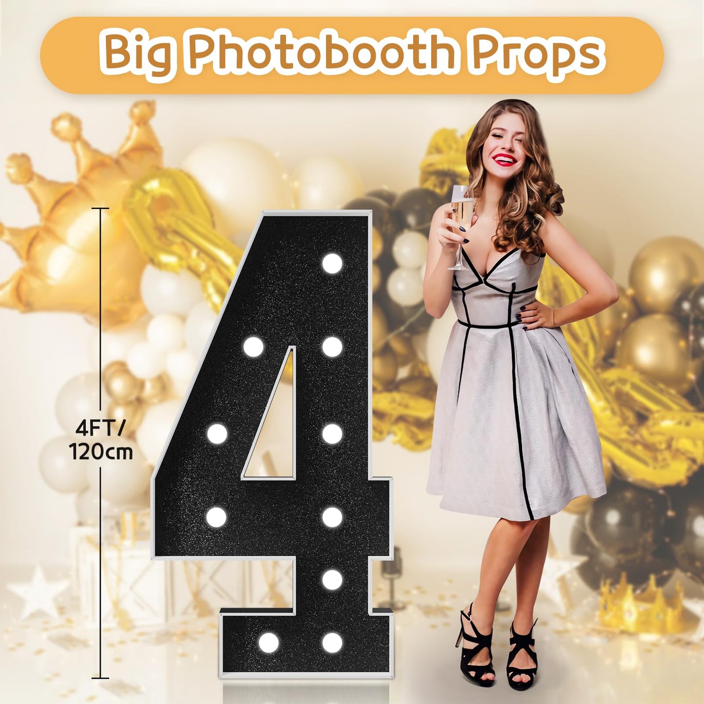 Imprsv Marquee Numbers Black Birthday Decorations: Large 4 Feet Tall Light Up Numbers 4Th 40Th Party Decor Big Mosaic Cardboard