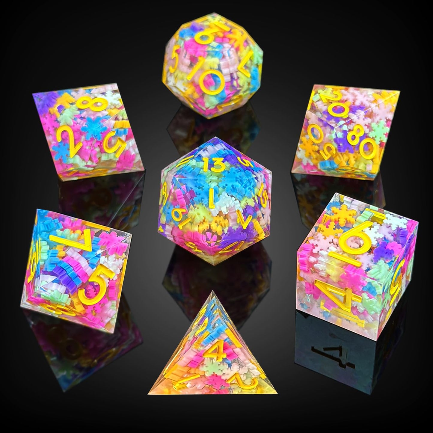 HAOMEJA D&D Colorful Snowflake Resin Dice Set DND 7 PCS Sharp Edges Dice with Gift Dragon Eye Bag Apply to Dungeons and Dragons