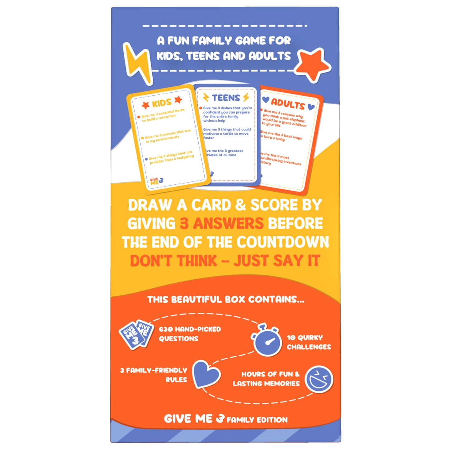 SAVANA GIVE ME 3 Family Edition - Award Winning Fast Paced and Hilarious Party Game | 10 Second Rule Card Game for Kids  Teens and mature-themeds | Easy to Learn  15-Minute Round | 2+ Players - Age 6+