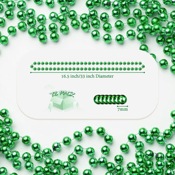 72 PCS Metallic Green Bead Necklaces, 33 Inch 7 mm Mardi Gras Beads Bulk Round Beaded Necklaces Costume Necklace for Mardi Gras